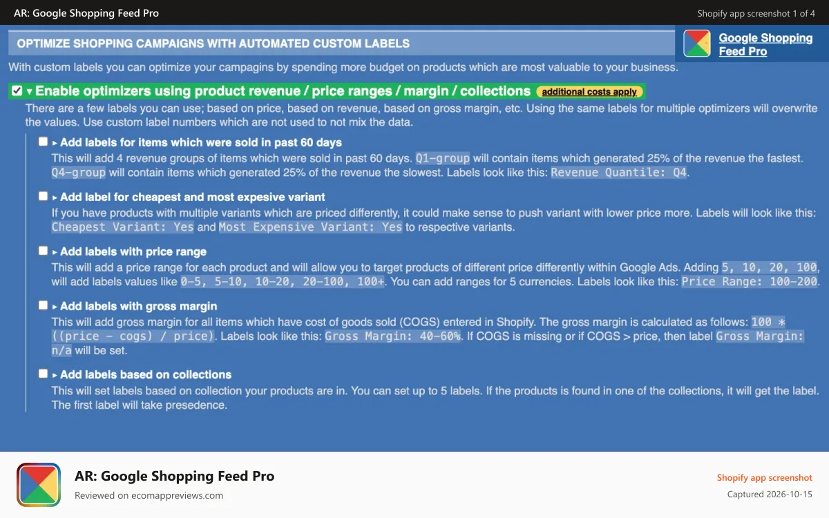 AR: Google Shopping Feed Pro Shopify app screenshot: Optimize your campaigns with own data