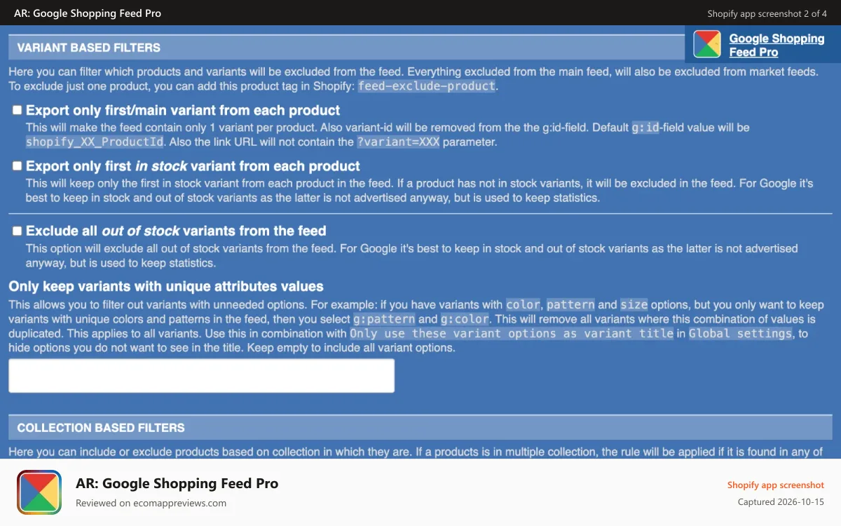 AR: Google Shopping Feed Pro Shopify app screenshot: Filter by collection, price, title, stock