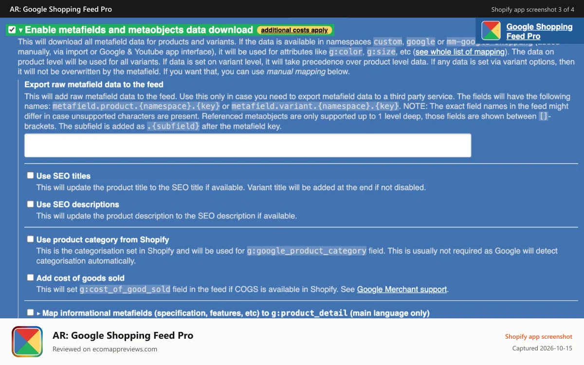 AR: Google Shopping Feed Pro Shopify app screenshot: Use metafields, metaobjects and tags to improve data quality