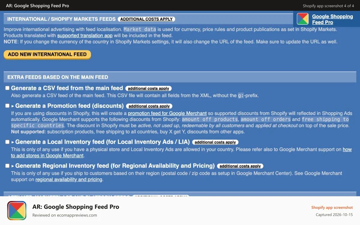 AR: Google Shopping Feed Pro Shopify app screenshot: Multi language & currency feeds + multi platform support