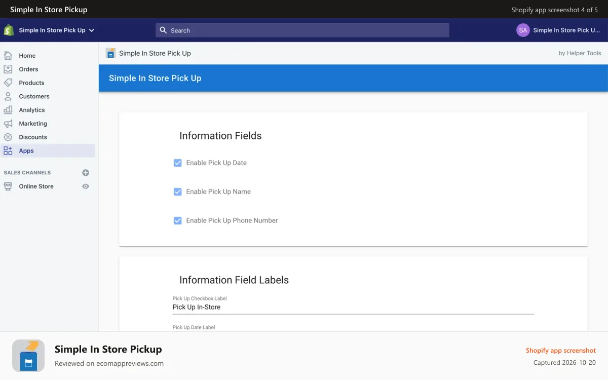Simple In Store Pickup Shopify app screenshot: Screenshot 4