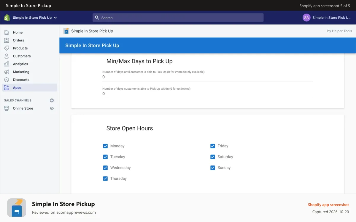 Simple In Store Pickup Shopify app screenshot: Screenshot 5