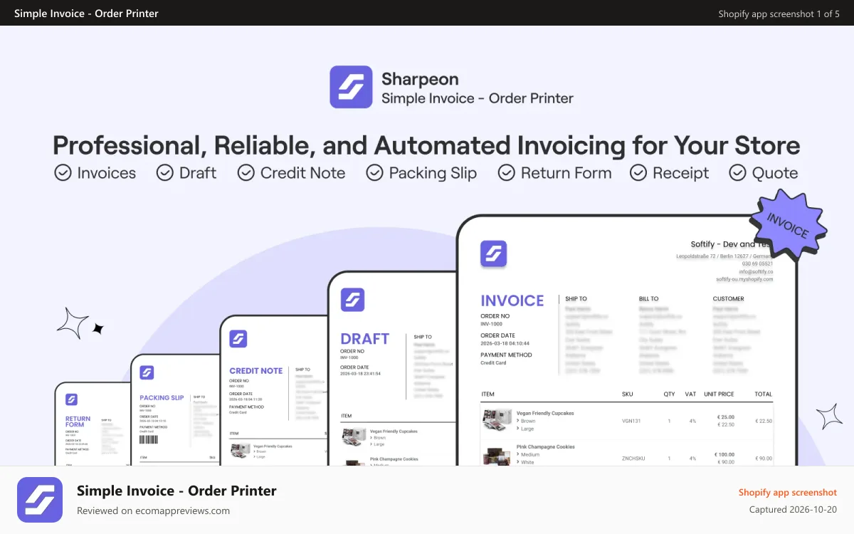 Simple Invoice ‑ Order Printer Shopify app screenshot: invoice