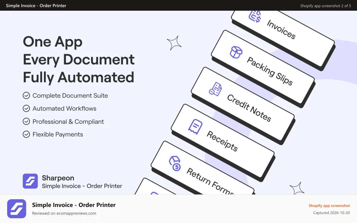Simple Invoice ‑ Order Printer Shopify app screenshot: pdf invoice
