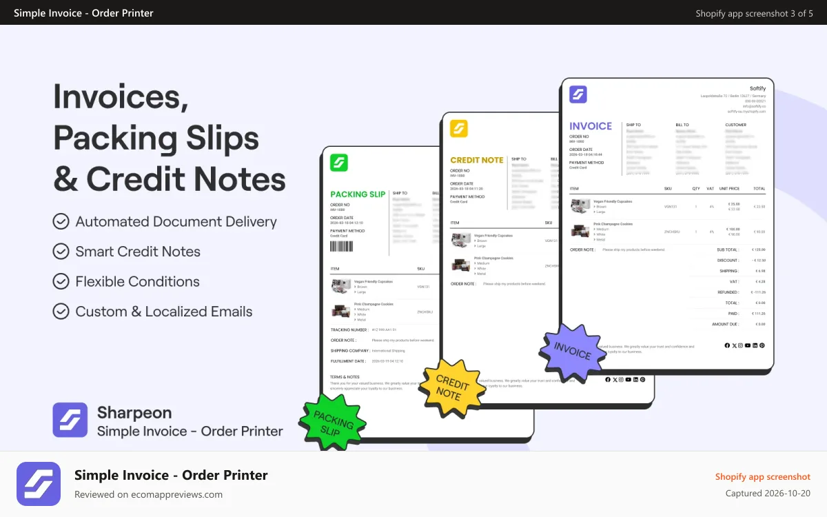 Simple Invoice ‑ Order Printer Shopify app screenshot: print invoice