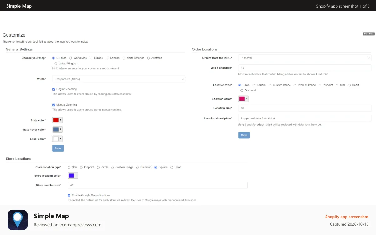 Simple Map Shopify app screenshot: General settings