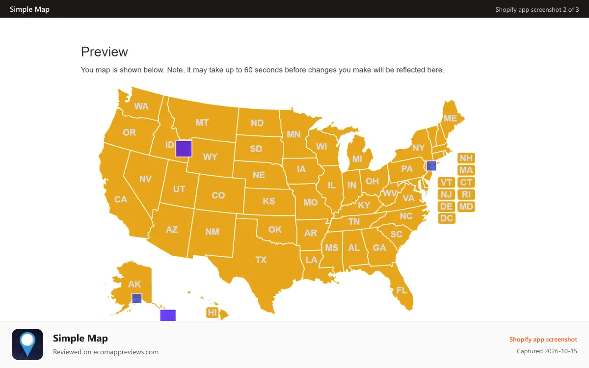Simple Map Shopify app screenshot: Preview map (us)