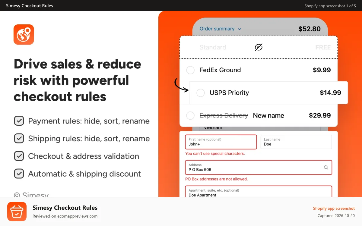 Simesy Checkout Rules Shopify app screenshot: Dirve sales & reduce rish with powerful checkout rules