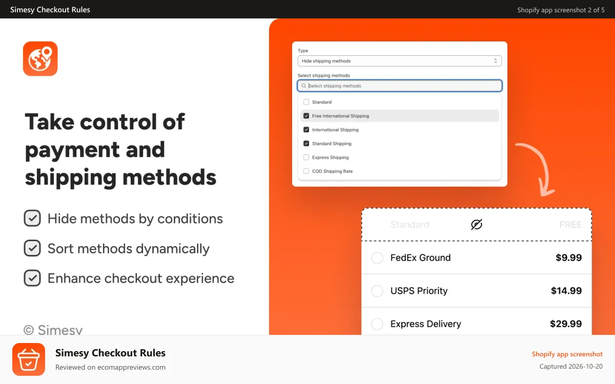 Simesy Checkout Rules Shopify app screenshot: Take control of payment & shipping methods