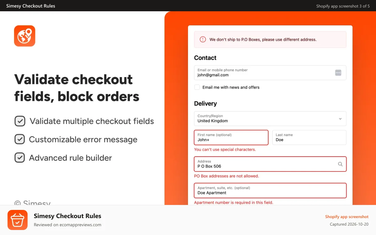 Simesy Checkout Rules Shopify app screenshot: Validate checkout fields, block bad orders