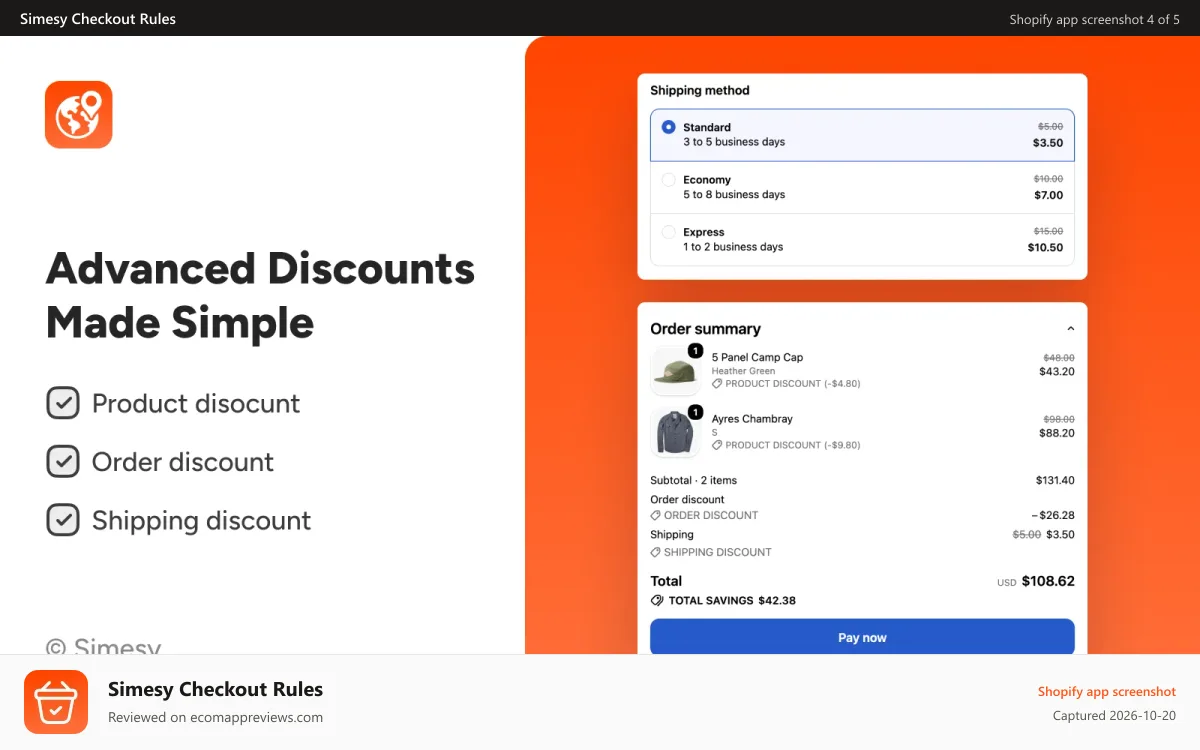Simesy Checkout Rules Shopify app screenshot: Advanced discounts make simple