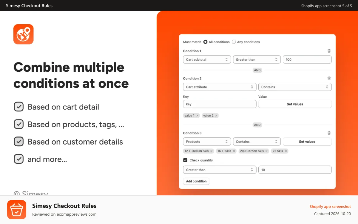Simesy Checkout Rules Shopify app screenshot: Combine multiple conditions at once