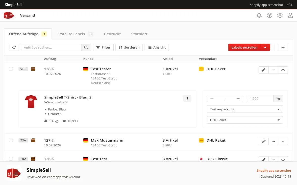 SimpleSell Shopify app screenshot: Versandetiketten drucken mit SimpleSell