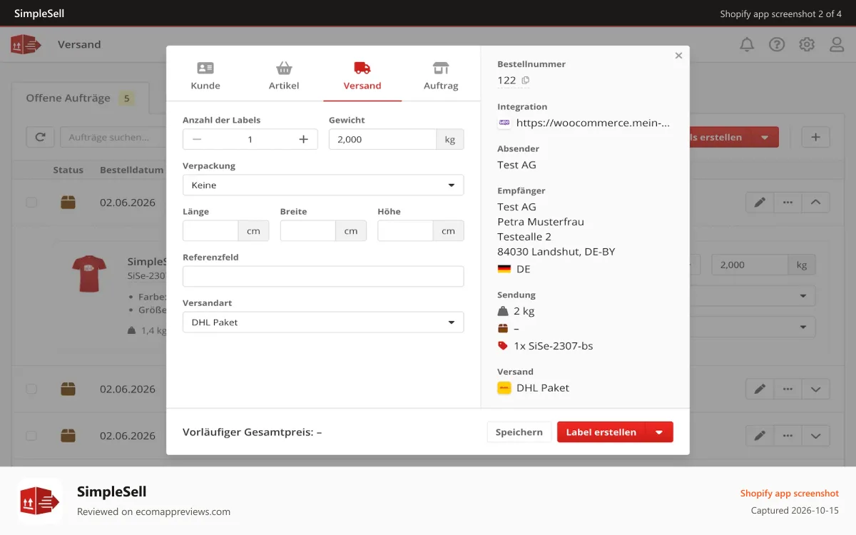 SimpleSell Shopify app screenshot: Bestellungen bearbeiten