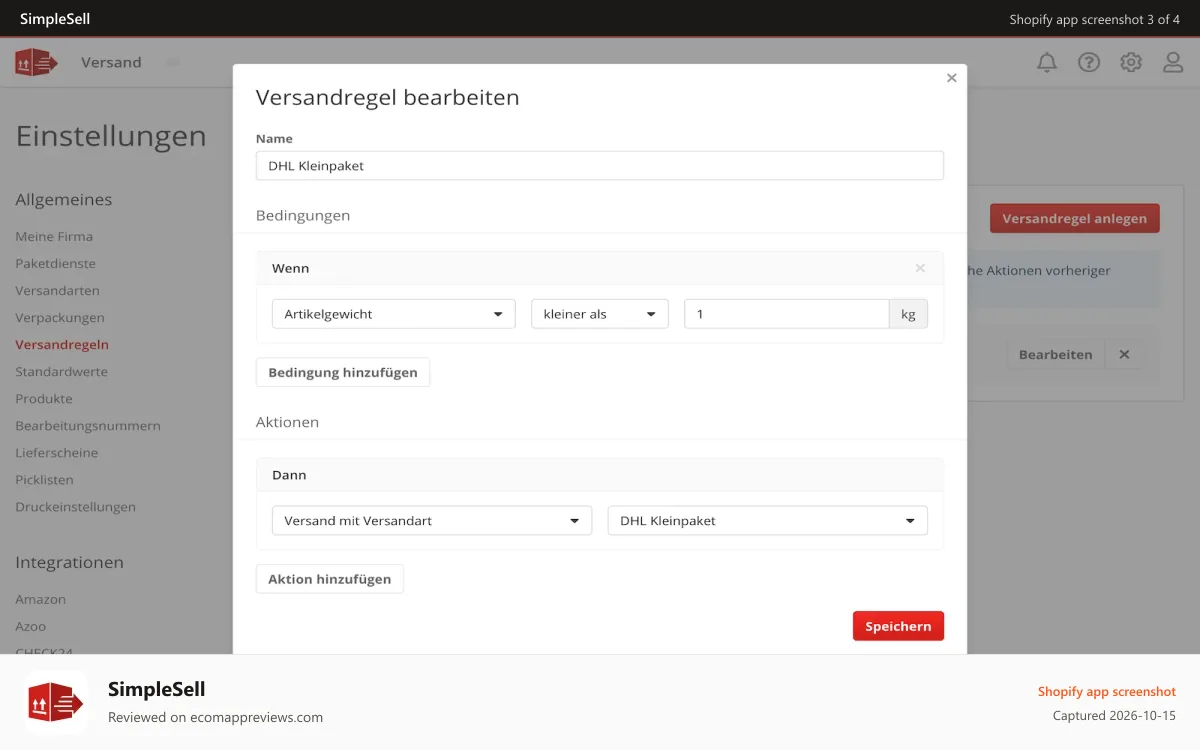 SimpleSell Shopify app screenshot: Versandarten mittels Versandregeln automatisch setzen
