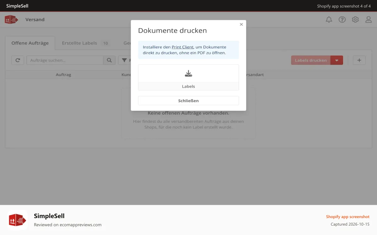 SimpleSell Shopify app screenshot: Versandlabels und Lieferscheine erzeugen und drucken