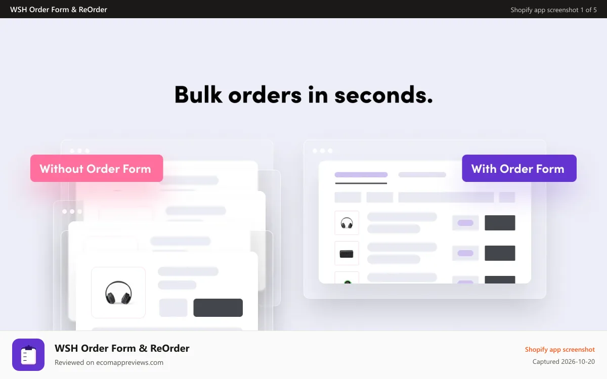 WSH Order Form & ReOrder Shopify app screenshot: Wholesale Order Form - bulk order in seconds