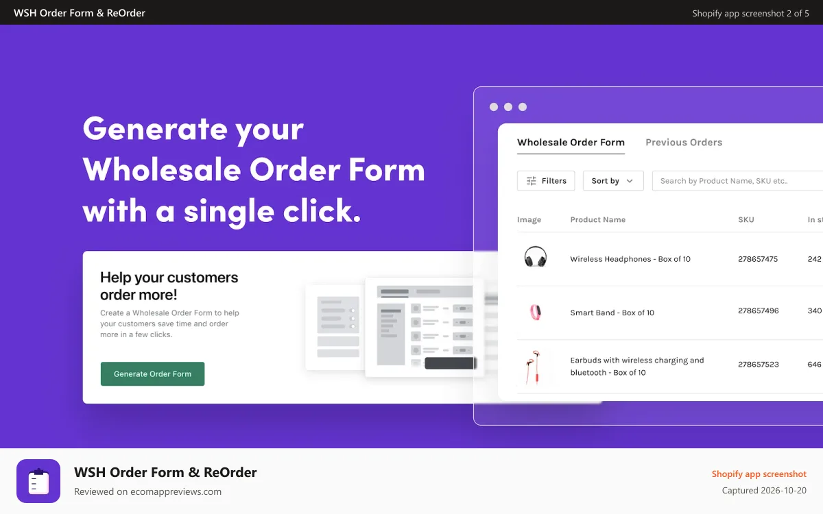 WSH Order Form & ReOrder Shopify app screenshot: Generate your Wholesale Order Form with a click.