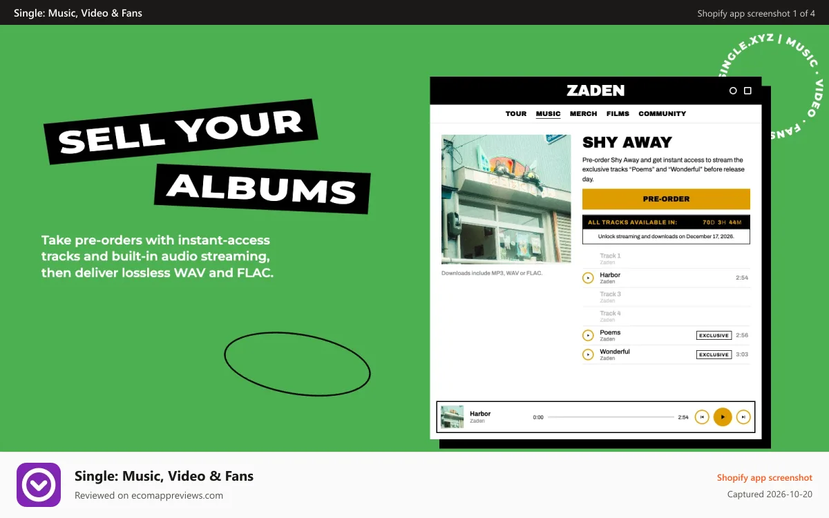 Single: Music, Video & Fans Shopify app screenshot: Sell Your Albums