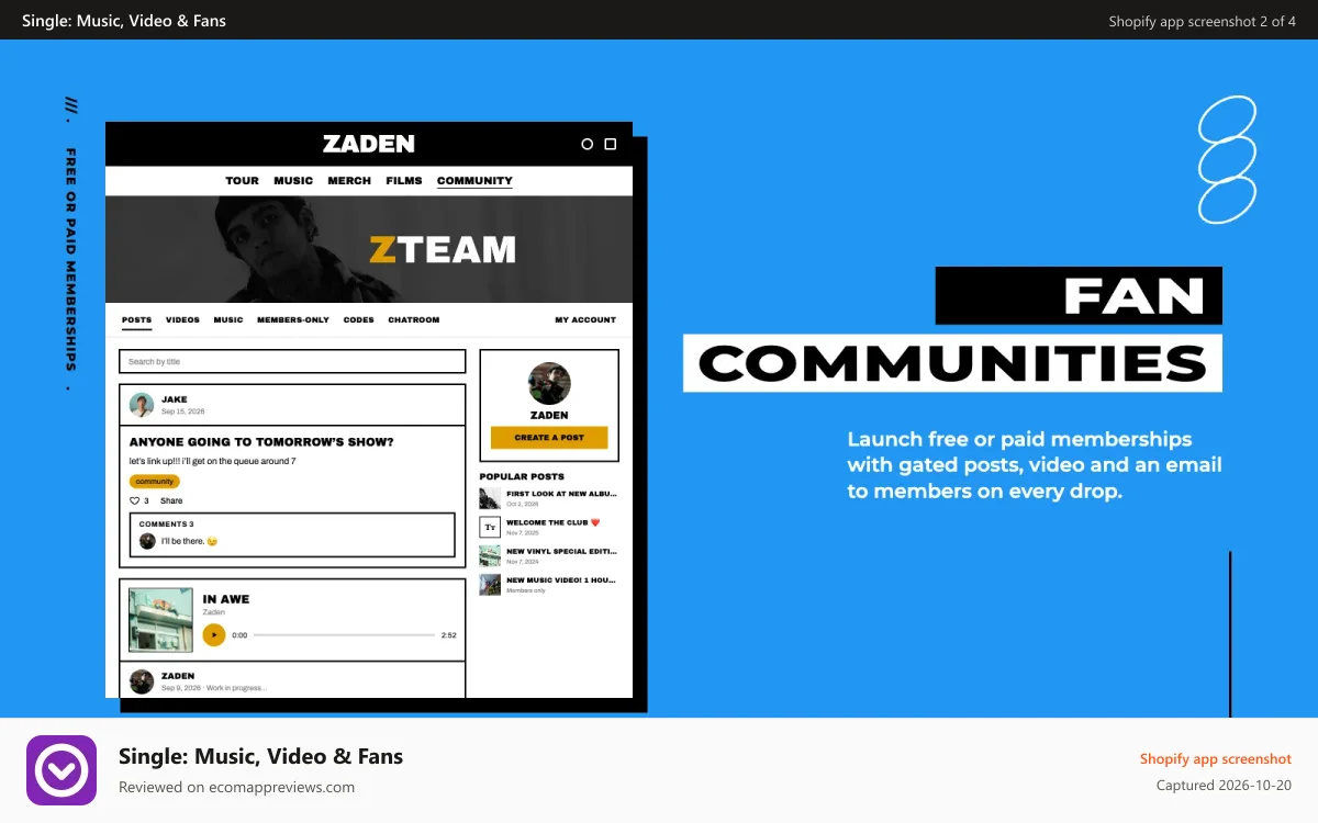 Single: Music, Video & Fans Shopify app screenshot: Fan Communities