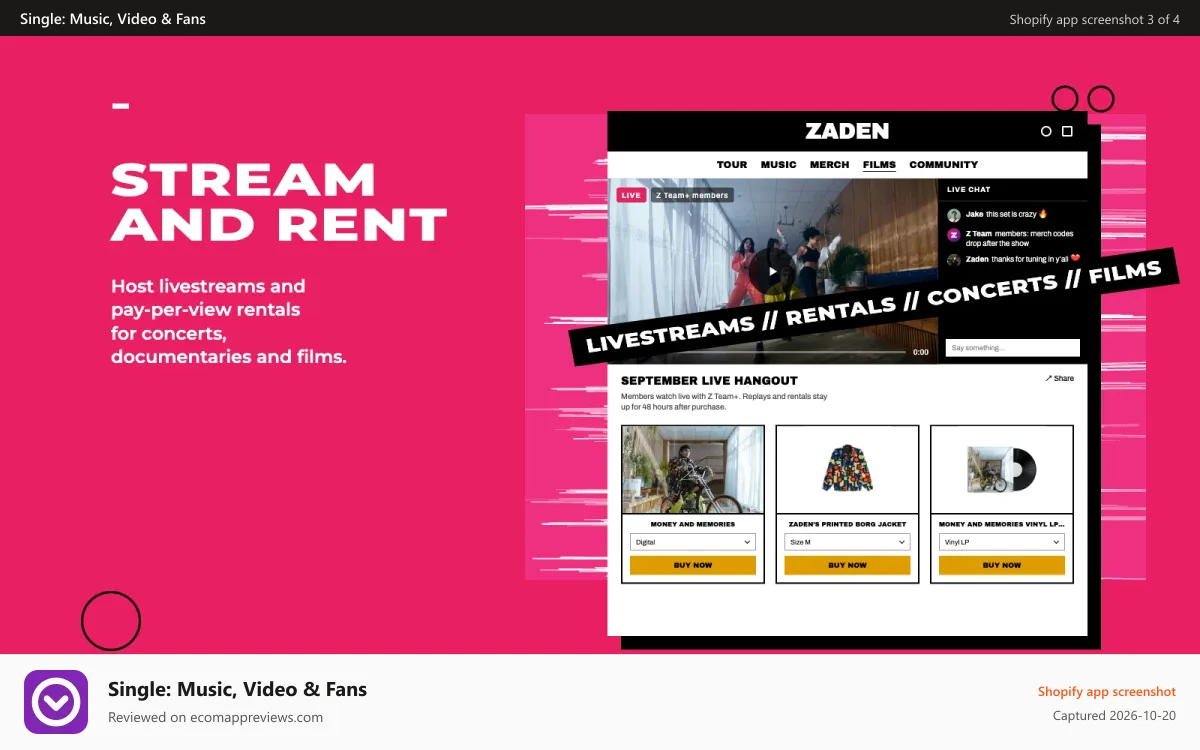 Single: Music, Video & Fans Shopify app screenshot: Livestream and Rent Videos