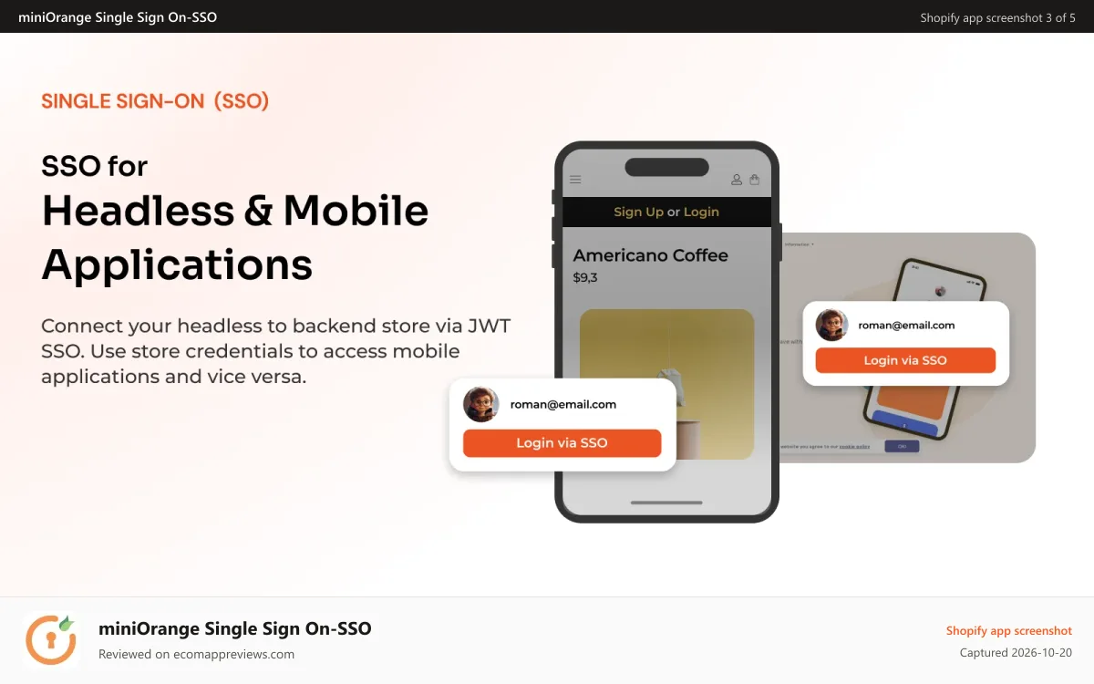 miniOrange Single Sign On‑SSO Shopify app screenshot: Shopify SSO into headless Shopify Stores & Mobile Applications
