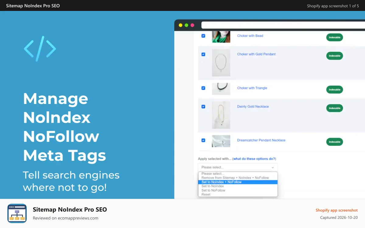 Sitemap NoIndex Pro SEO Shopify app screenshot: Set NoIndex/NoFollow meta tags to control site indexing.