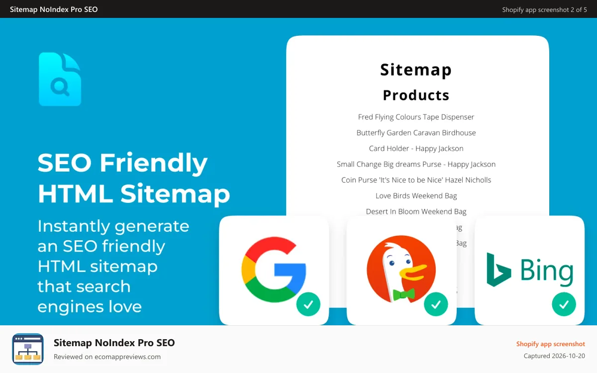 Sitemap NoIndex Pro SEO Shopify app screenshot: Dynamic HTML sitemap for user navigation and site SEO.