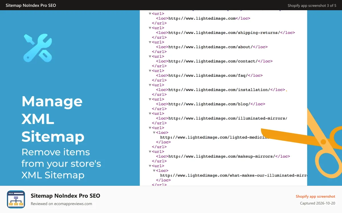 Sitemap NoIndex Pro SEO Shopify app screenshot: Custom XML sitemap submitted to Google for fast indexing.
