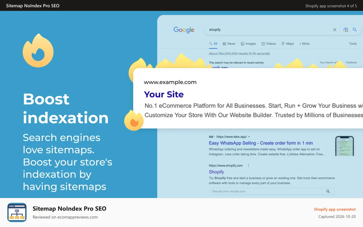 Sitemap NoIndex Pro SEO Shopify app screenshot: Boost Google indexation for improved search visibility.