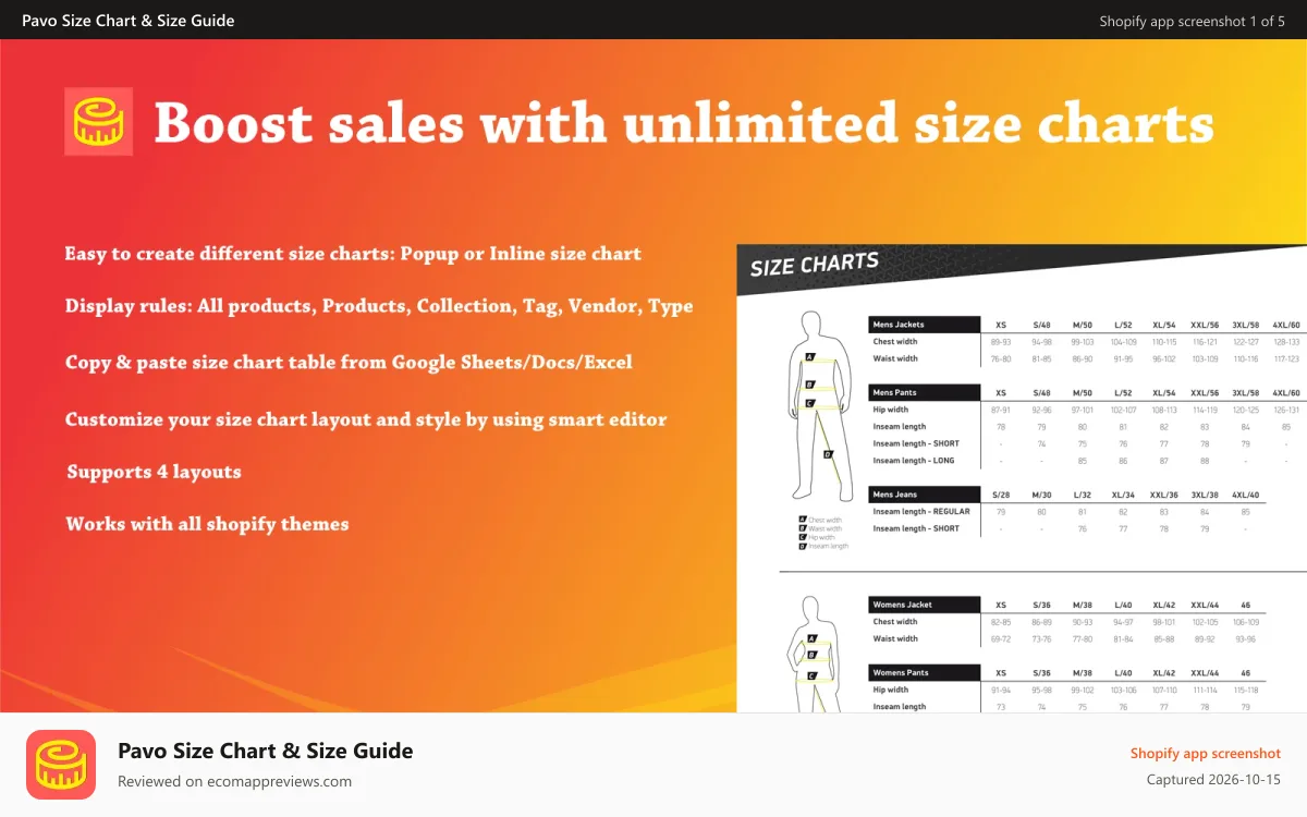 Pavo Size Chart & Size Guide Shopify app screenshot: Size Chart/Size Guide