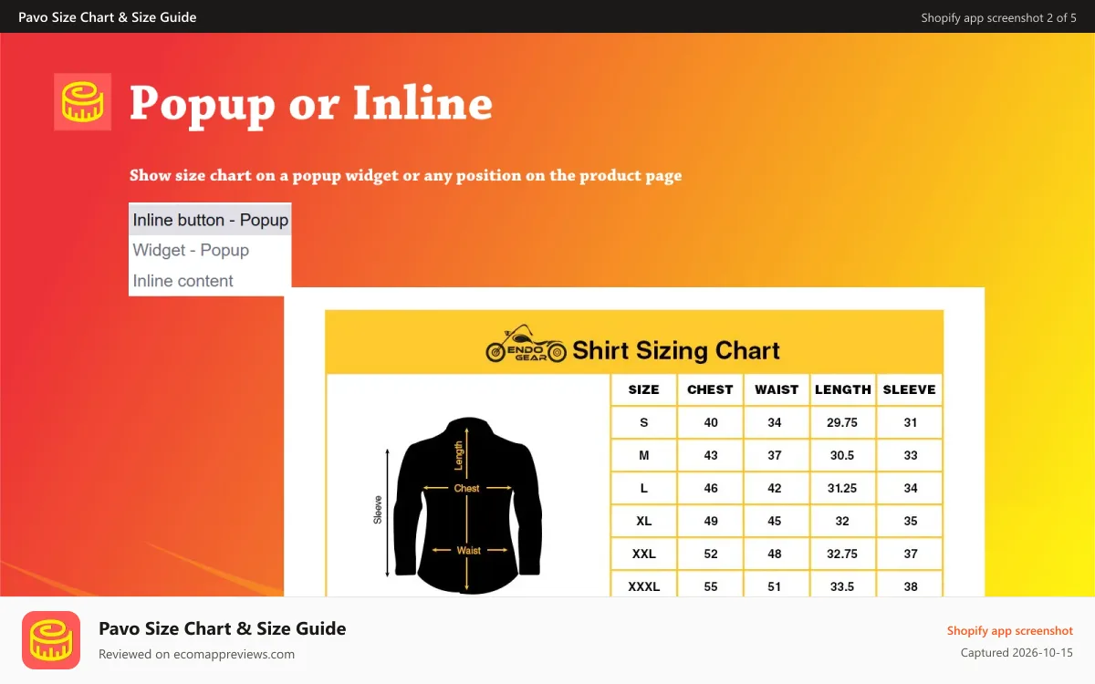 Pavo Size Chart & Size Guide Shopify app screenshot: Easy Size Chart & Size Guide 01