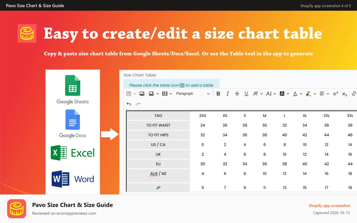 Pavo Size Chart & Size Guide Shopify app screenshot: Easy Size Chart & Size Guide 03