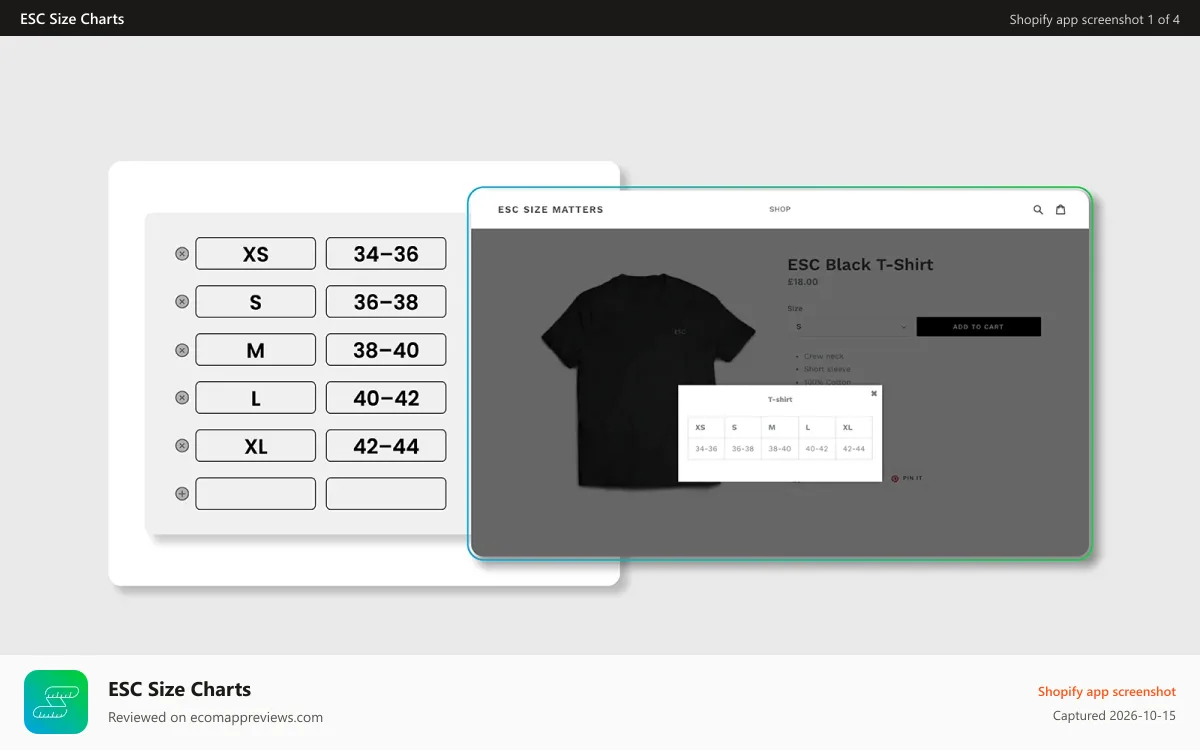 ESC Size Charts Shopify app screenshot: size guide / sizing chart creator and editor in the app