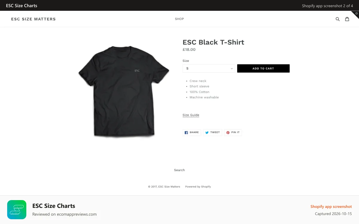 ESC Size Charts Shopify app screenshot: Show size charts on your page, or in a popup.