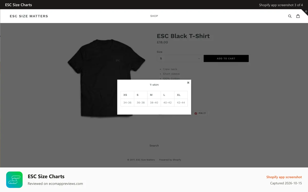 ESC Size Charts Shopify app screenshot: Easy-to-install size chart popups for a better customer experien