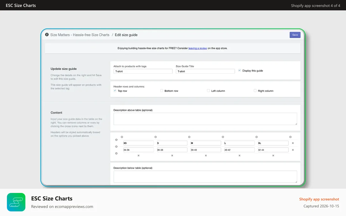 ESC Size Charts Shopify app screenshot: Fully customizable size charts. Attach charts to your products u