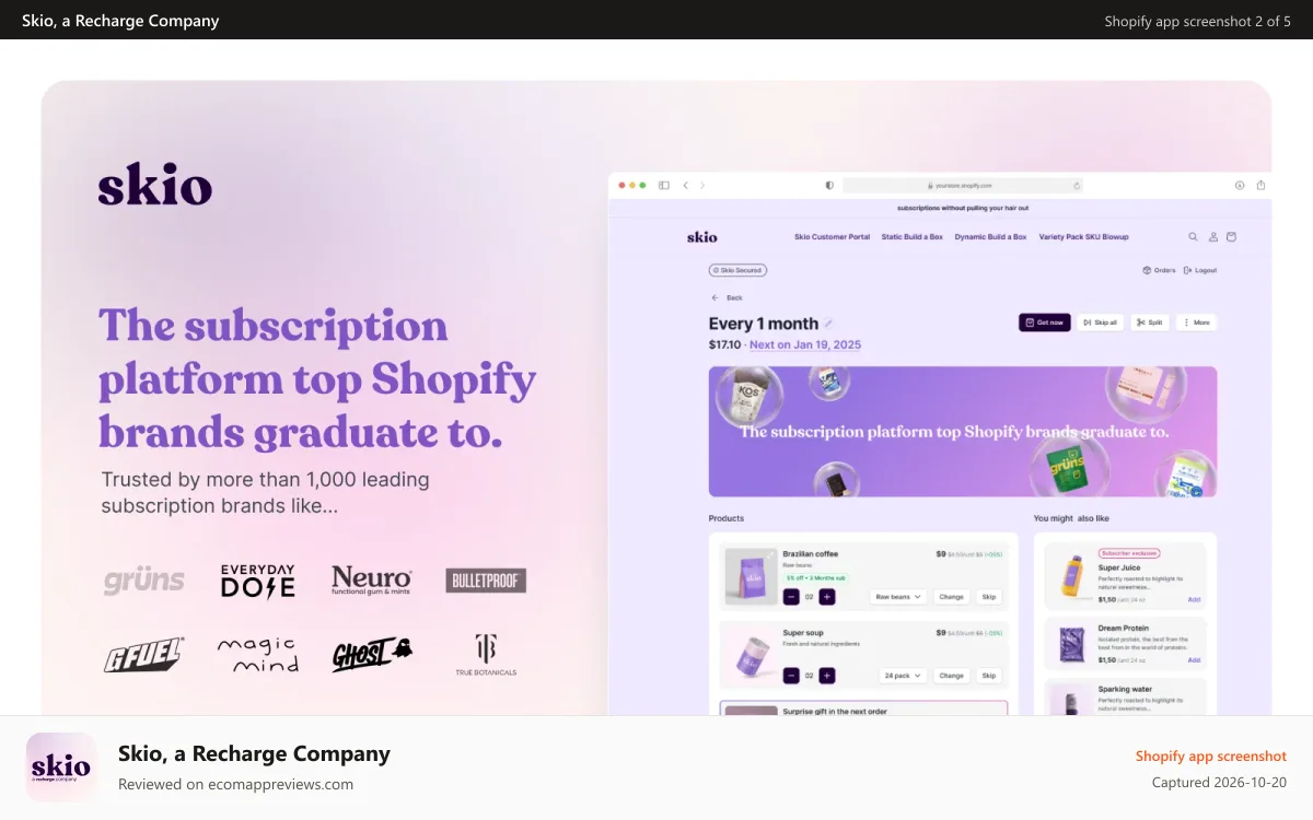 Skio, a Recharge Company Shopify app screenshot: Skio subscription platform trusted by top Shopify brands