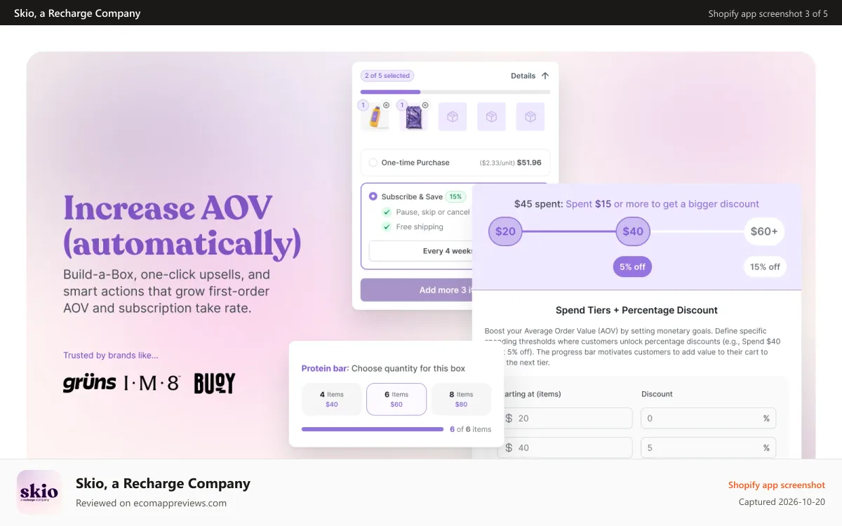 Skio, a Recharge Company Shopify app screenshot: Build-a-Box and upsells to increase AOV