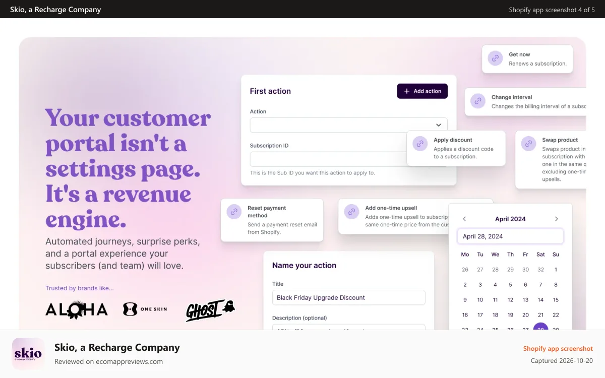 Skio, a Recharge Company Shopify app screenshot: No-code portal with automated journeys