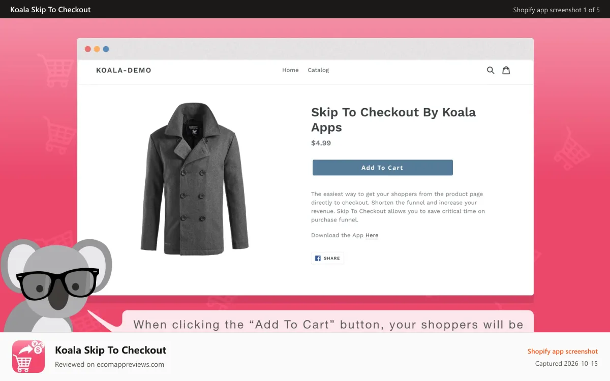Koala Skip To Checkout Shopify app screenshot: The “Add To Cart” button Skip you directly to checkout