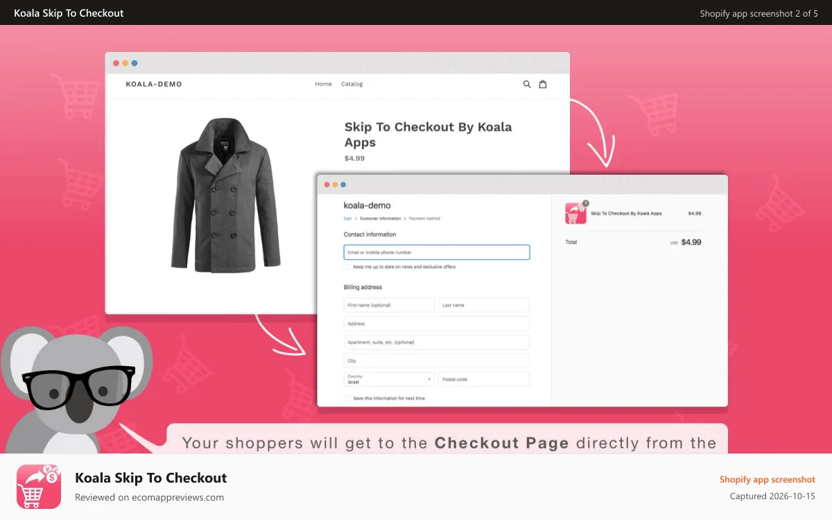 Koala Skip To Checkout Shopify app screenshot: Your shoppers will get to the Checkout Page directly