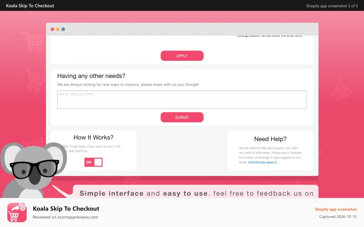 Koala Skip To Checkout Shopify app screenshot: Simple interface and easy to use. easy Skip to checkout