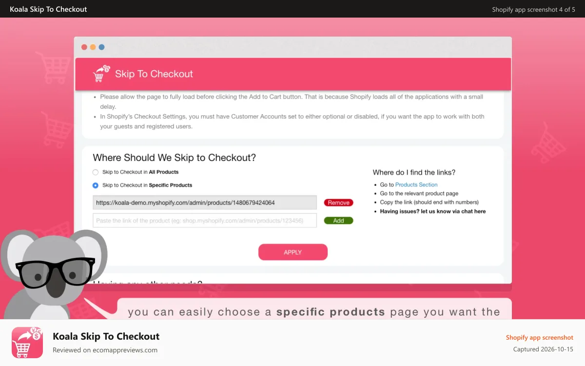 Koala Skip To Checkout Shopify app screenshot: easily choose a specific products page you want to skip checkout