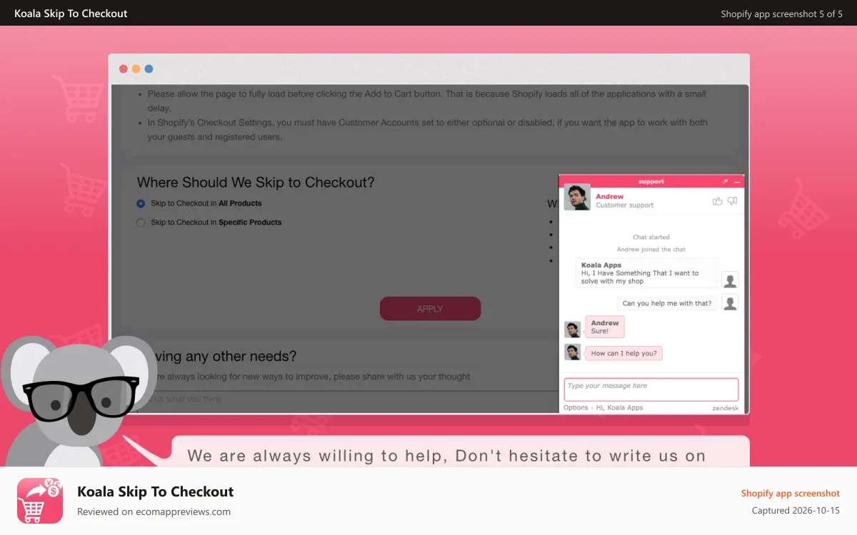 Koala Skip To Checkout Shopify app screenshot: Don't hesitate to write us Skip to checkout