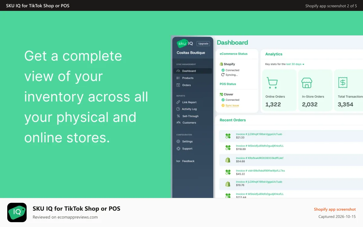 SKU IQ for TikTok Shop or POS Shopify app screenshot: Screen view of SKU IQ Dashboard page