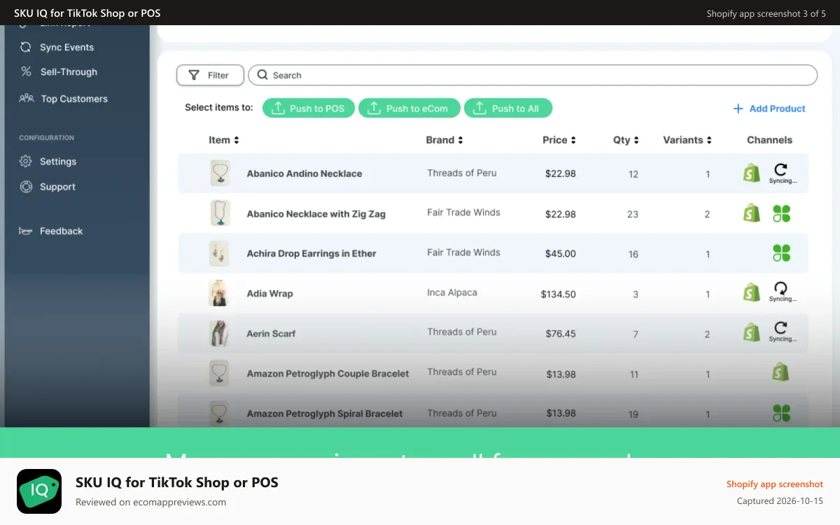 SKU IQ for TikTok Shop or POS Shopify app screenshot: Screen view of SKU IQ Products page