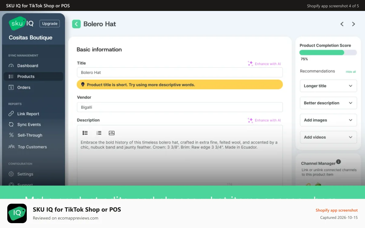 SKU IQ for TikTok Shop or POS Shopify app screenshot: Screen view of SKU IQ Edit Product page