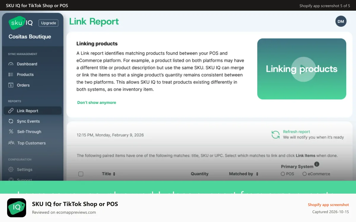SKU IQ for TikTok Shop or POS Shopify app screenshot: Screen view of SKU IQ Link Report page