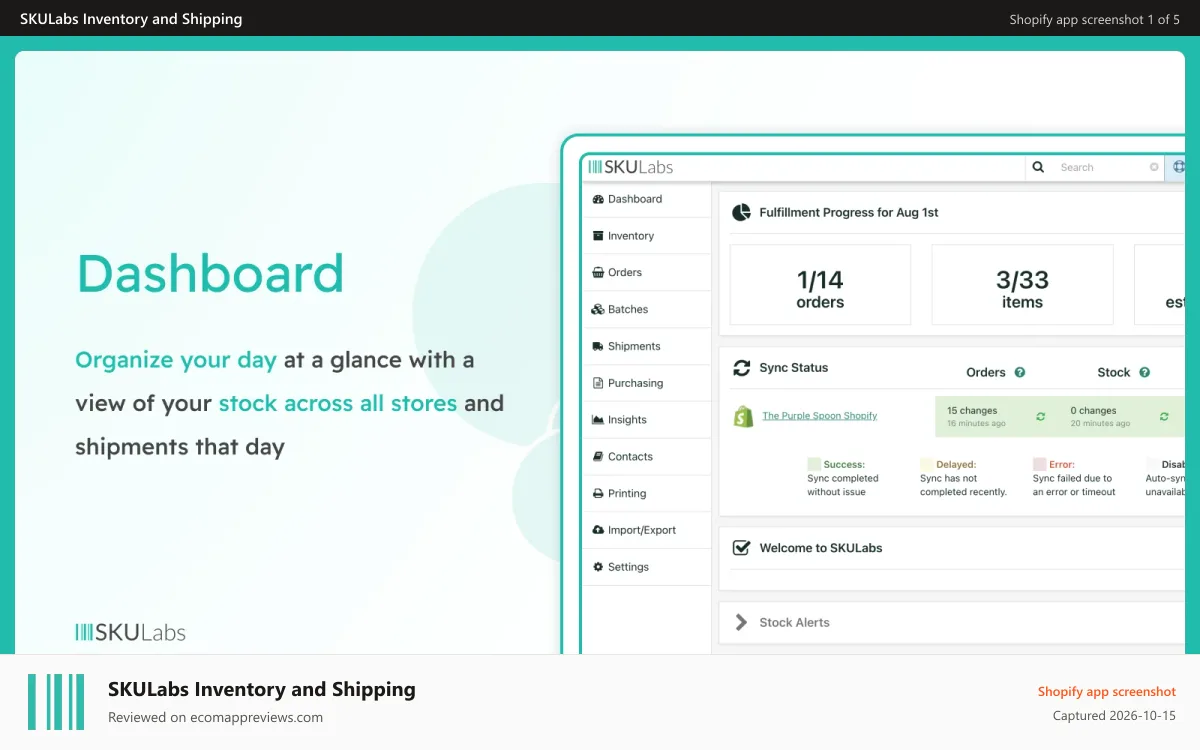 SKULabs Inventory and Shipping Shopify app screenshot: Access to stock alerts to manage stock levels